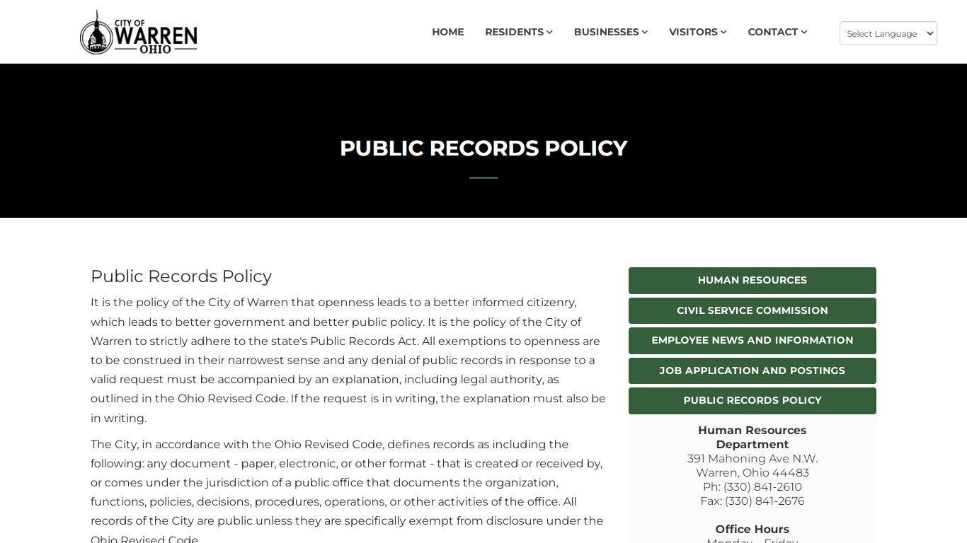 Public Records Policy - City of Warren, Ohio